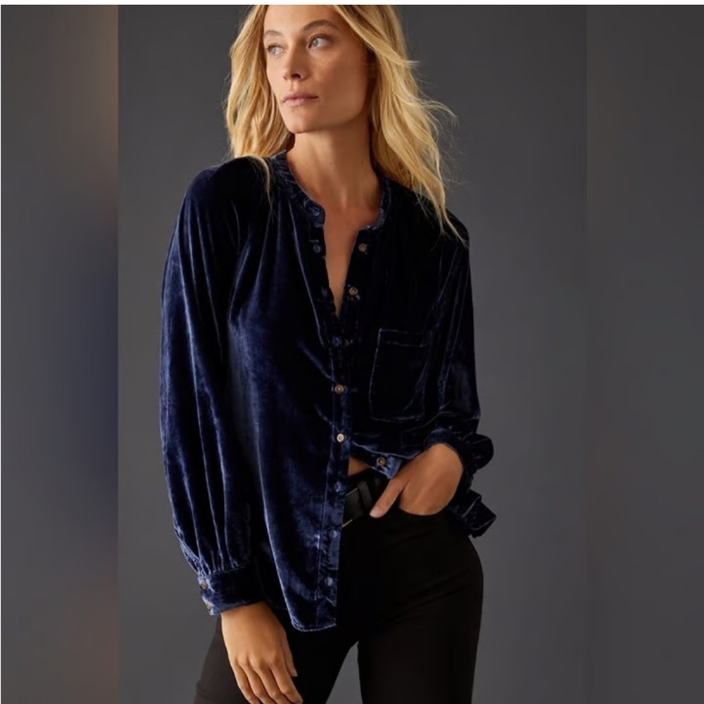EUC Anthropologie Pilcro Velvet Femme button down shirt Navy- XS